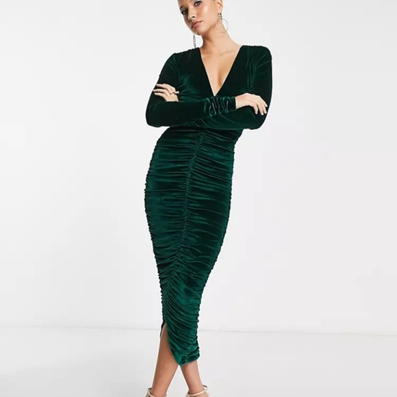 NEW Rare London velvet plunge front ruched midi dress in green